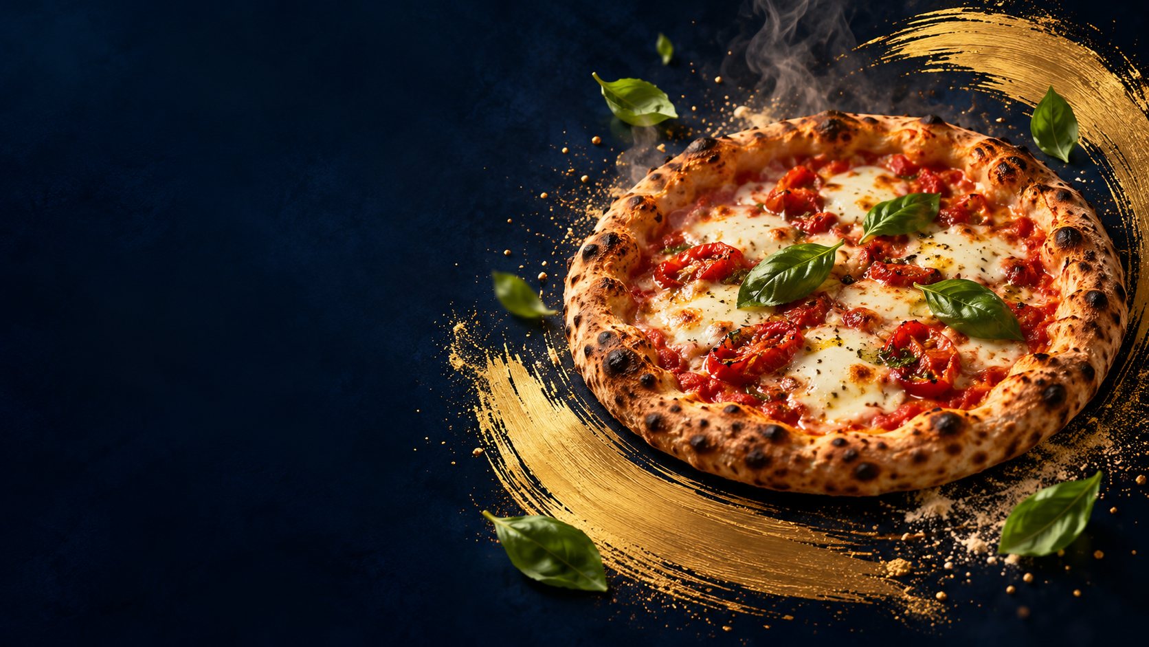 Dampfende Pizza mit Tomaten, Mozzarella und Basilikum vor einem goldenen Pinselstrich auf nachtblauem Grund